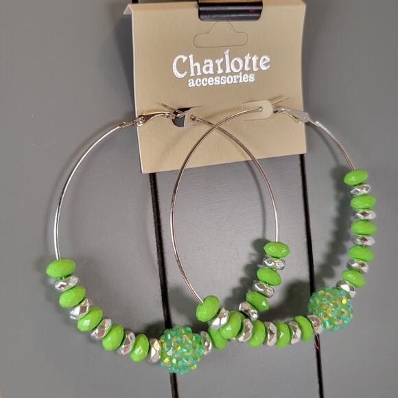 Large Green Beaded Hoop Earrings 3" Silver Tone Rhinestone Accent Pierced Trendy - Picture 5 of 7